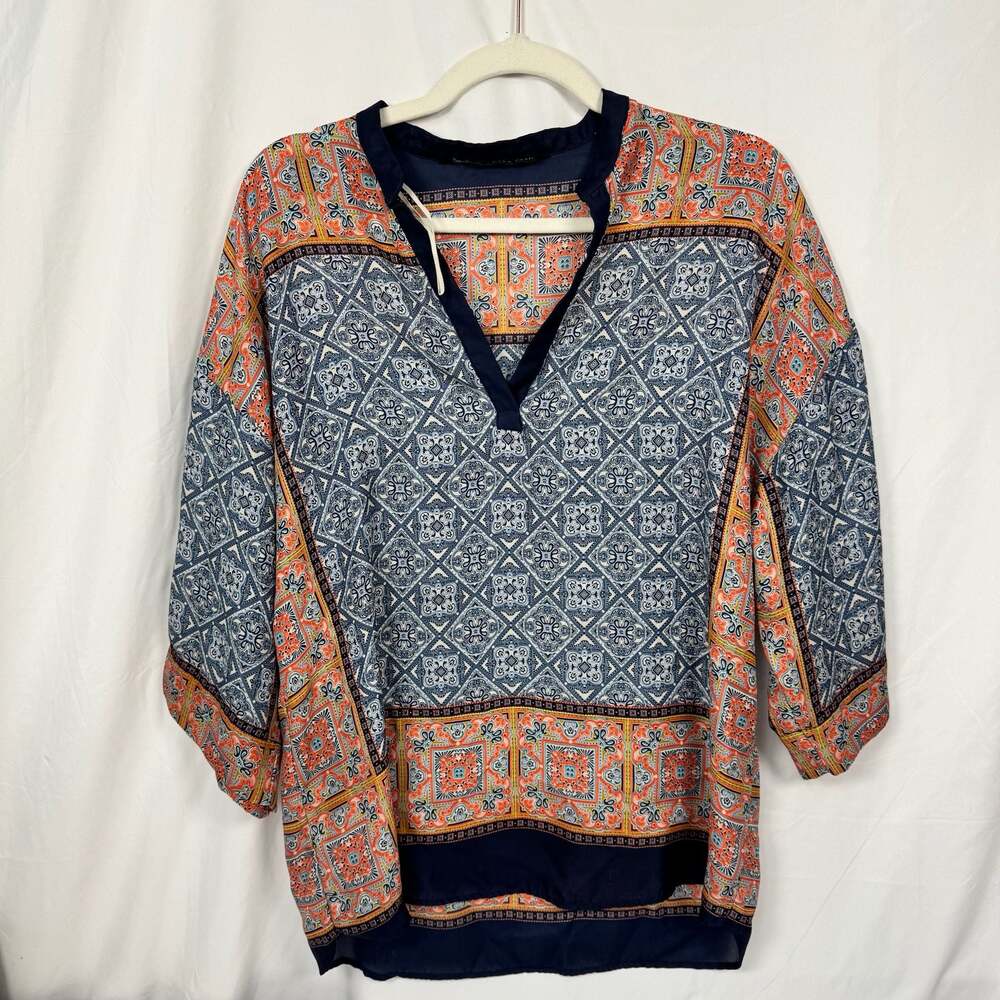 Zara Basic Geometric Tile Print V-Neck Tunic Blouse Size S
